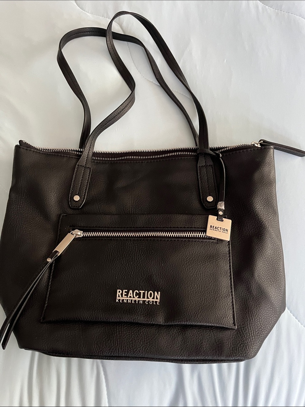 Kenneth Cole Reaction Black Leather-Look Tote with Front Zip Pocket
